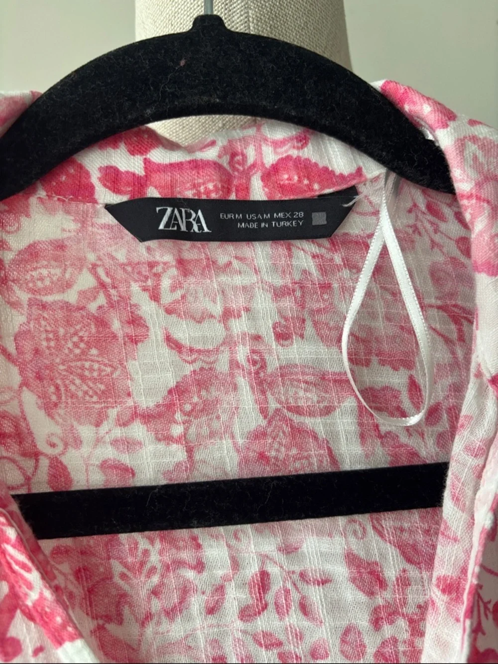 Zara Dress Womens Medium Pink White Floral V-Neck Tiered Tunic Ballon Sleeve - Picture 4 of 7